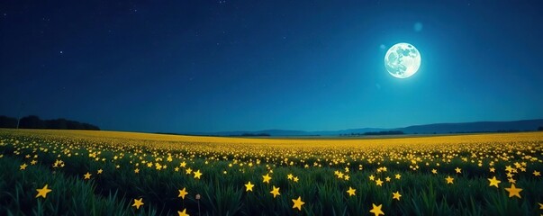 a field of gold stars scattered beneath a blue moon's gentle light, countryside, landscape, open