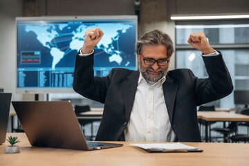 Wall Mural - Happy, hands up, success. Senior man is in the modern office