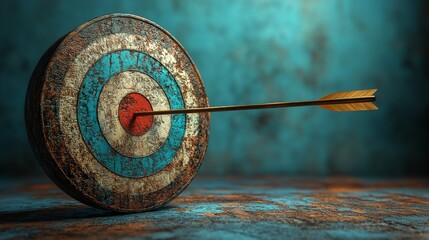 Leinwandbilder - Target with a single arrow striking the bullseye on weathered wooden surface, blue background. Precision and success concept