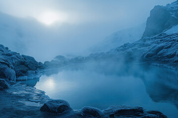 Wall Mural - Mystical blue lagoon surrounded by frosty rocks, enshrouded in mist under a tranquil winter sunrise, creating a serene and otherworldly atmosphere.