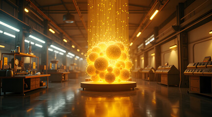 Wall Mural - a glowing sphere of particles radiates light in a high-tech laboratory, with various scientific equi