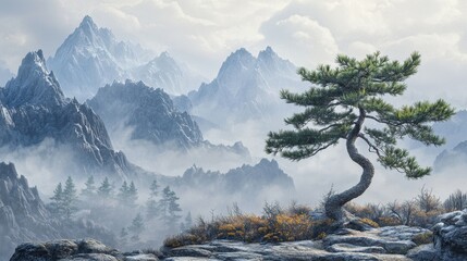 Wall Mural - Serene Mountain Landscape with Lone Pine Tree and Misty Peaks in the Background, Captivating Nature Scene