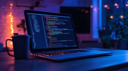 A software developers keyboard and code-filled laptop screen on a desk.