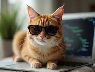 Ginger cat wearing sunglasses working as a software developer coding on a laptop