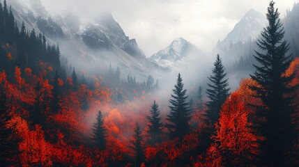 Wall Mural - Enchanting Autumn Landscape with Misty Mountains and Vibrant Red Foliage in a Peaceful Forest Setting