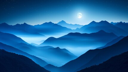 Wall Mural - Majestic Night View of Serene Mountains Under Bright Moonlight with Starry Sky Above and Soft Blue Hues Illuminating Landscape