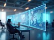 © Michael - Programmers working in futuristic office with holographic screens showing world map