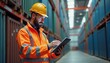 © Alex - Caucasian man wearing orange safety gear and hard hat using tablet in industrial container storage facility
