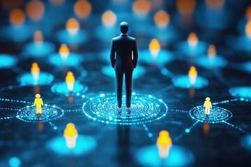 Wall Mural - a businessman surrounded by digital connections representing networking and data exchange in a futur