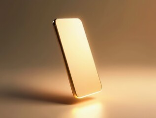 Wall Mural - Golden smartphone floating over a reflective surface, glowing with warm light