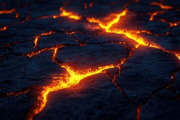 Eruption's Embrace: Molten radiance seeps through fractured earth, a vivid dance of destruction and creation. Intense heat and dramatic contrast.