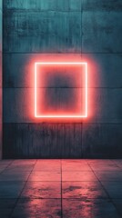 Aufkleber - Illuminated neon square frame on a dark textured wall with reflections on the wet floor, abstract and futuristic design concept