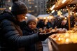 © Milos - A mother and child share a joyful moment at a holiday market, with festive decorations creating a warm and cheerful atmosphere, illustrating the essence of family and celebration.
