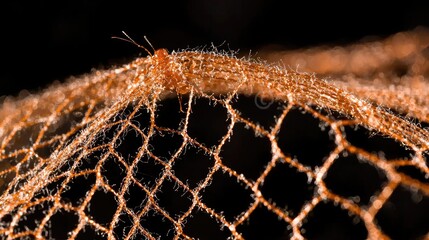 Tiny insect on delicate net, dark background, macro photography, nature illustration