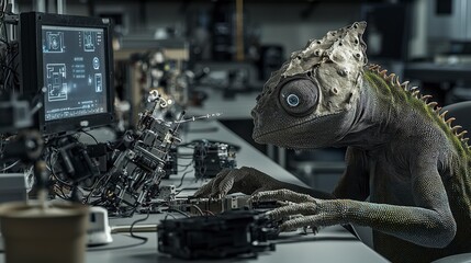 Aufkleber - Chameleon engineer innovates robotics in high-tech lab creating futuristic machines with precision and care