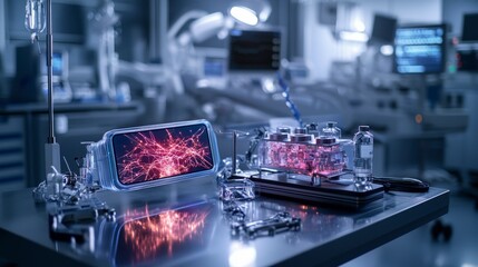 Aufkleber - Secure holographic data exchange between two glowing devices in futuristic lab environment