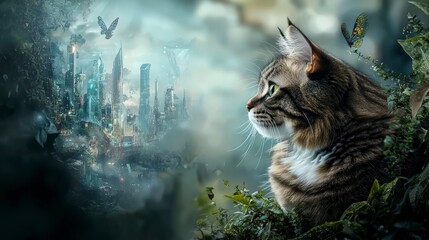 Leinwandbilder - Cat contemplating the future urban landscape digital art surreal environment side view imagination unleashed
