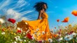 © quietmind_art - African female in yellow dress enjoying nature in colorful flower field.