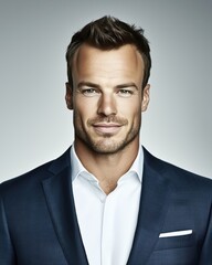 Wall Mural - A handsome man in a dark suit and white shirt smiling against a light background.