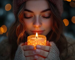 Serene Portrait of Person Lighting the First Advent Candle with Soft Glow Reflection on Thoughtful Expression