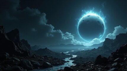 a dark, ethereal planet where gravity constantly shifts, landscapes morph fluidly, and luminous tend