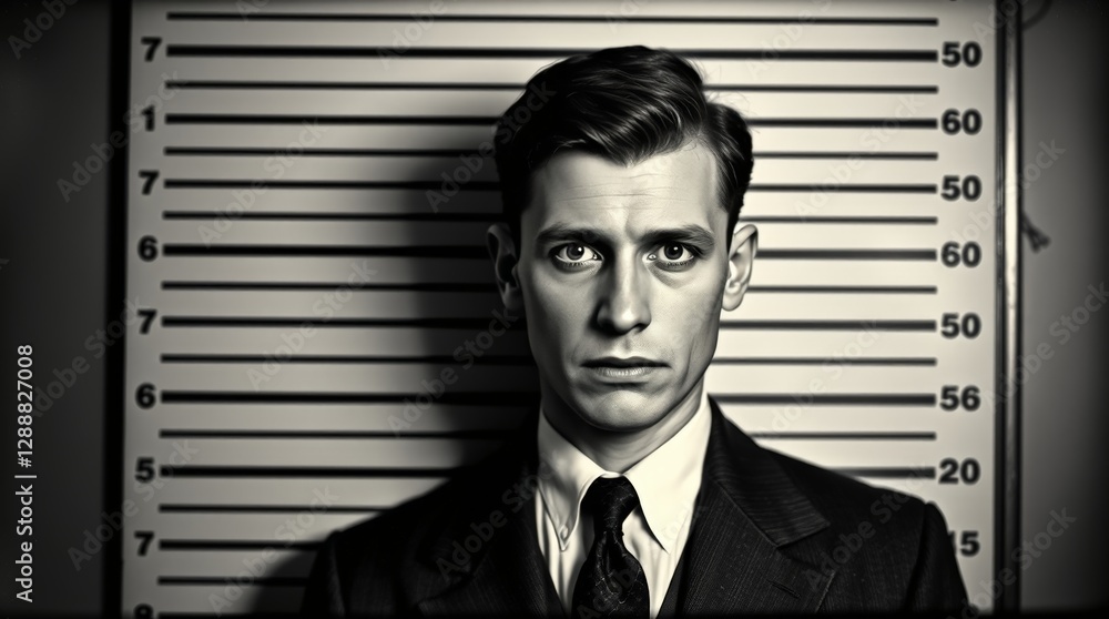 Classic Police Mugshot of a Suit-Wearing Individual in Front of Height ...
