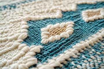 Aufkleber - Close-up of teal and off-white woven textile with floral pattern, showcasing intricate texture and craftsmanship.