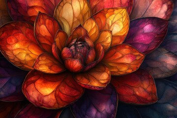 Poster - Intricate, vibrant flower with warm, autumnal hues.  Detailed petals reveal a stunning, almost surreal beauty.