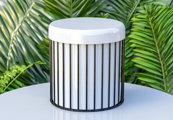 Canvas Print - White cylindrical container with black metal frame, sits on a table against a backdrop of lush green tropical leaves. Clean, modern design