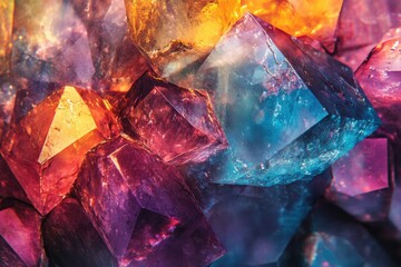 Poster - Vibrant cluster of multicolored crystals showcasing intricate facets and textures.