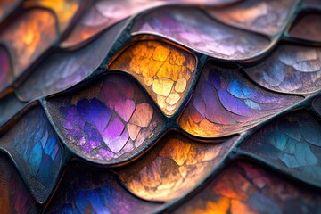 Poster - Abstract iridescent scales, metallic texture, vibrant colors, wavy pattern, detailed surface.