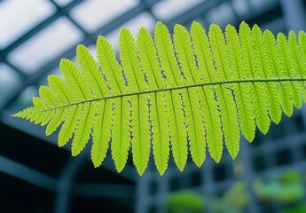 Sticker - Close up of a vibrant green fern frond with a blurred background of a modern glass structure. The fern's texture and delicate details are sharply in