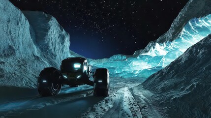 a futuristic lunar rover navigates glowing ice caverns beneath the moons surface, reflecting the lig