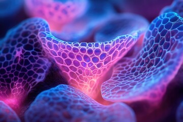 Leinwandbilder - Abstract close-up of a vibrant, bioluminescent structure resembling coral or cellular tissue, glowing in pink and blue hues.