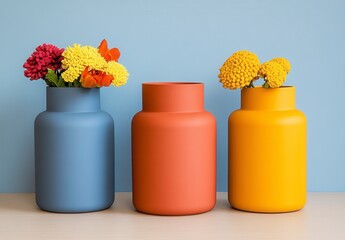 Sticker - Three cylindrical vases in muted blue, terracotta, and yellow, each holding a small bunch of colorful flowers, arranged on a light wood surface