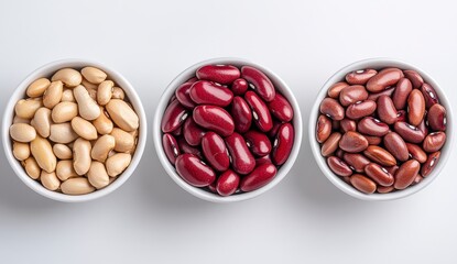 Sticker - Three bowls of beans white beans, kidney beans, and dark red kidney beans, arranged in a row on a white background.  Overhead shot