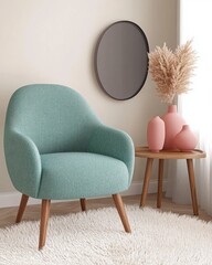 Wall Mural - Teal armchair with speckled fabric sits on a white rug near a wooden side table with pink vases and dried flowers, a round dark gray mirror on the