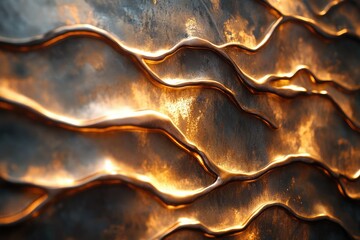 Aufkleber - Abstract metallic texture with wave-like patterns, illuminated by warm light.
