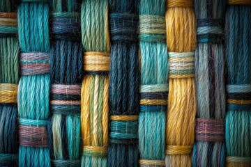 Poster - Close-up of a woven textile with teal, gold, and dark threads, showcasing intricate texture and color.