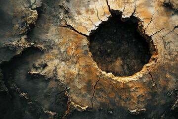 Aufkleber - A decayed, cracked surface reveals a dark, hollow core, suggesting age and decay.