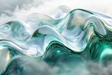 Poster - Abstract teal glass sculpture resembling flowing water or waves, captured with dramatic lighting.