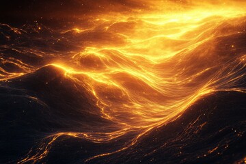 Leinwandbilder - Abstract fiery waves flow across a dark landscape, creating a surreal and energetic scene.