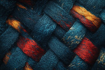Aufkleber - Intricate woven textile with teal, red, and gold threads creating a complex, textured pattern.