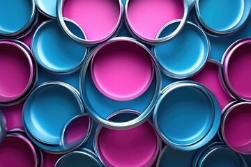 Leinwandbilder - A vibrant collection of metallic pink and blue paint cans arranged in an overlapping pattern.