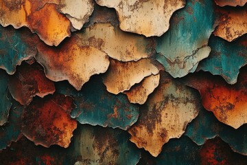 Poster - Abstract texture of heavily rusted metal with peeling paint in various shades of orange, teal, and brown.