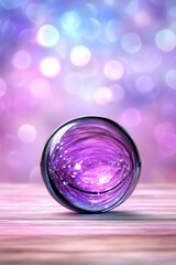 Sticker - Purple glass sphere on pink wooden surface, bokeh background. Close up view of a shiny, translucent orb with purple and blue hues. Soft lighting