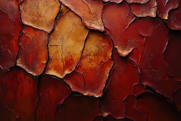 Poster - Abstract texture of cracked, red and gold paint resembling dry earth or a weathered surface.