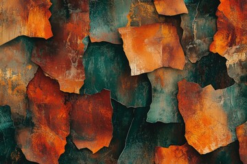 Poster - Abstract artwork depicting cracked and peeling paint in rusty orange and dark teal hues, creating a textured, layered effect.
