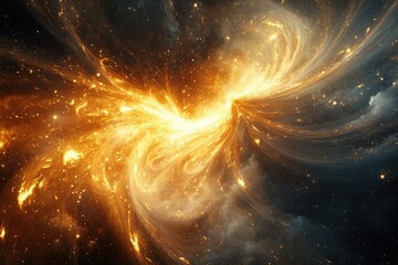 Poster - A fiery cosmic swirl, nebula-like, with vibrant gold and orange hues against a dark space backdrop.
