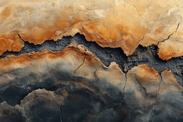 Leinwandbilder - Abstract texture of cracked earth in shades of deep brown, orange, and grey, resembling a geological formation.